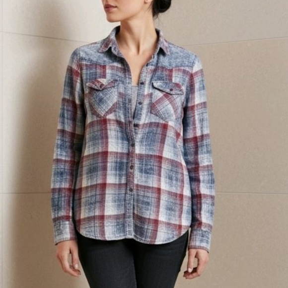 Pull&Bear Tops - Pull & Bear Women's Small Plaid Western Button Up Flannel Lined Shirt Top Denim